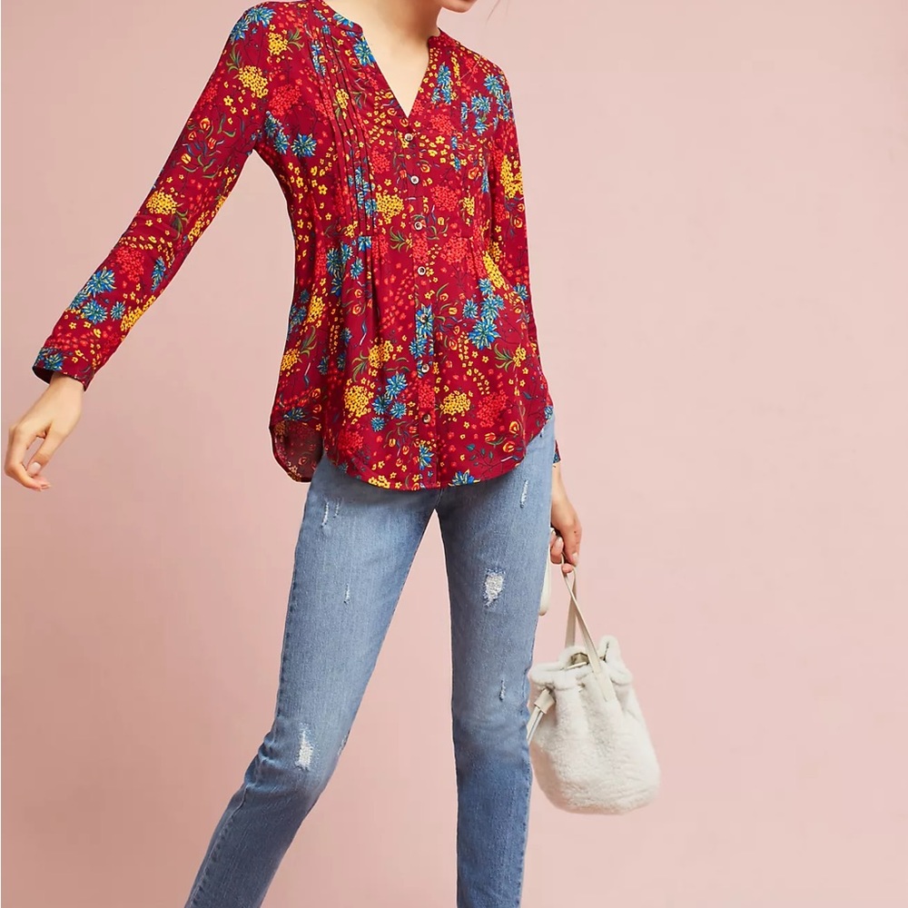 Maeve Red Floral Pintuck V-Neck Blouse